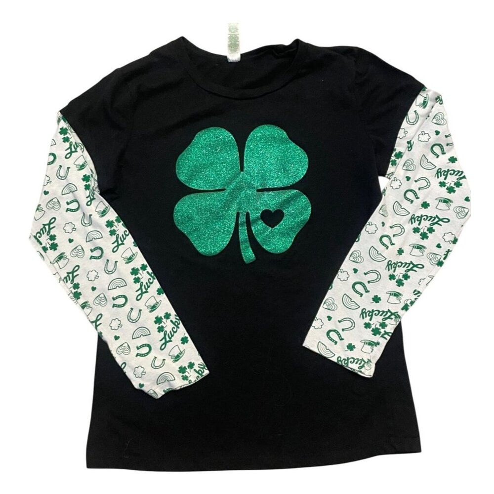 XL St. Patrick's day lucky‎ clover green glitter contrast long sleeve ladies top